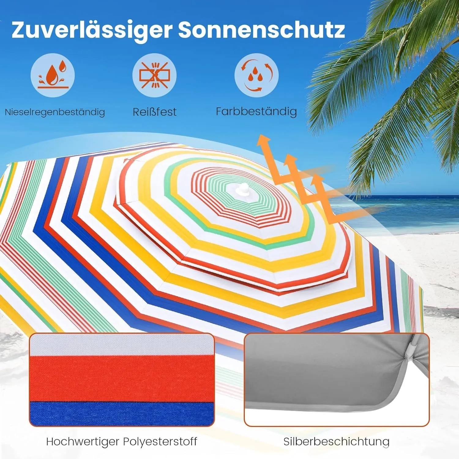 COSTWAY Sonnenschirm Strand, 179 cm, bunt gestreift, mit UV-Schutz und Knickfunktion.