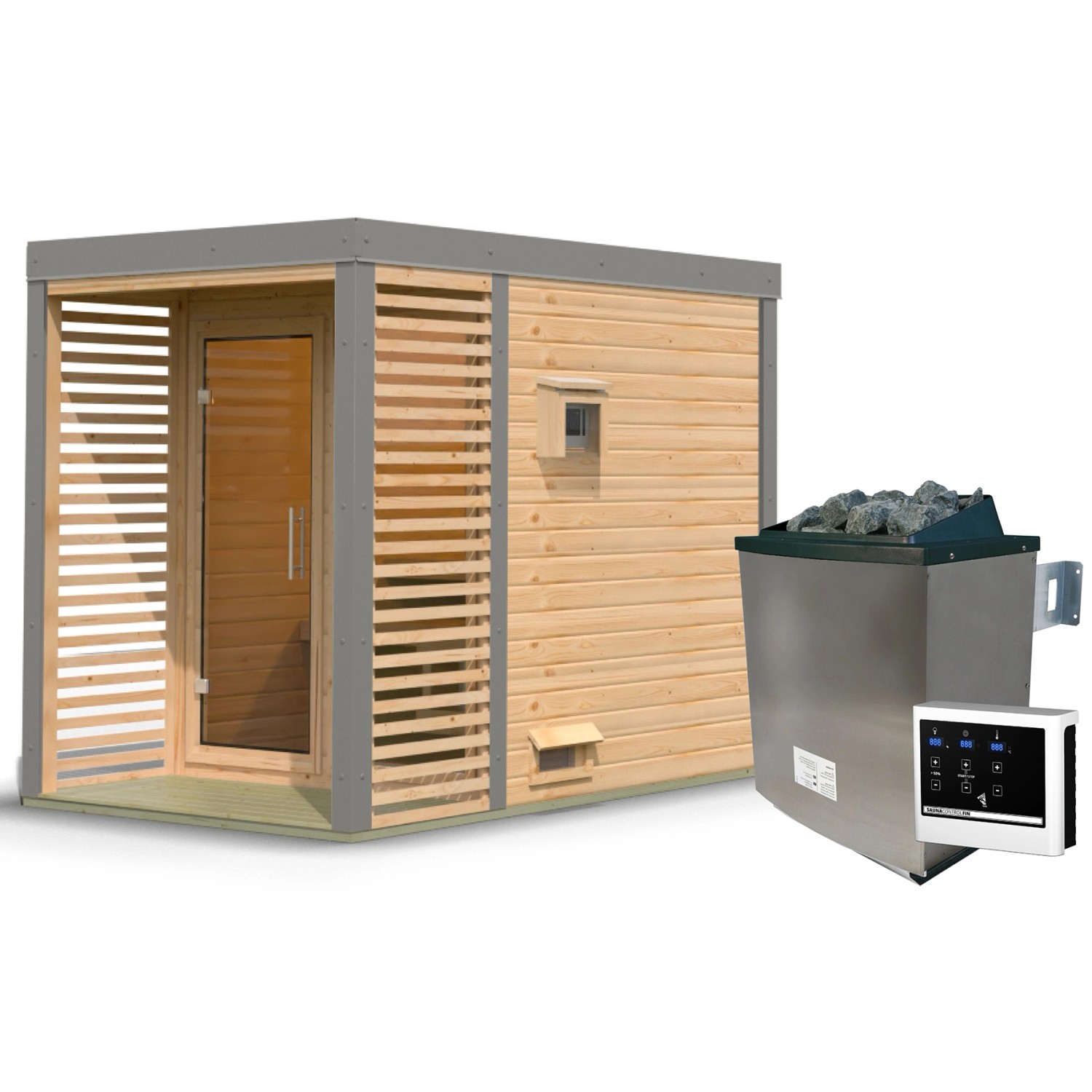 Karibu Saunahaus Seros 1 Zoll mit Ofen 9 kW Extern Naturbelassen/Graualumin günstig online kaufen