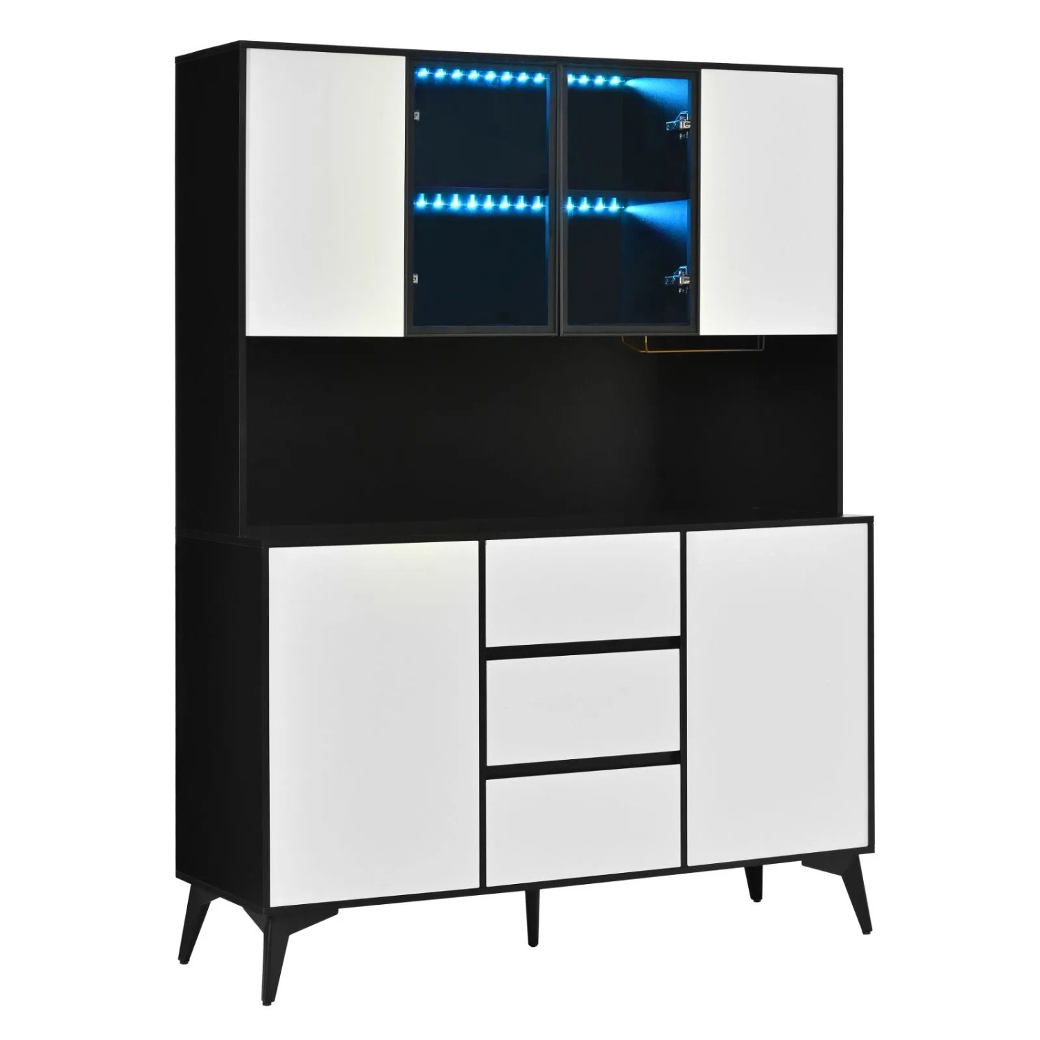 PXloue Hochschrank 160 cm Weiß Schwarz mit LED Glasvitrine und Stauraum