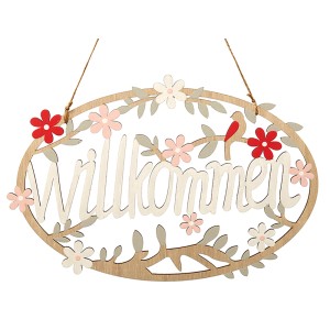 Buntes Holz-Schild "Willkommen" von Brauns-Heitmann, ca. 30x36 cm, mit Blumen und Vogel als Osterdeko.