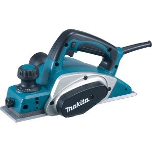 Makita Falzhobel KP0800J mit 82 mm Hobelbreite, blau-schwarz, für präzise Holzbearbeitung.