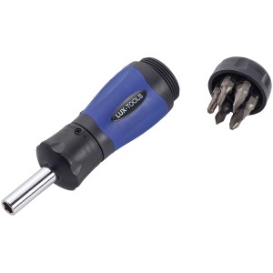 LUX Stubby Ratsche mit Bits: Schraubendreher mit blauem Griff und Bit-Set für Schraubarbeiten.
