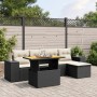 Schwarze 6-tlg. vidaXL Garten-Sofagarnitur aus Rattan mit Tisch und cremefarbenen Kissen.