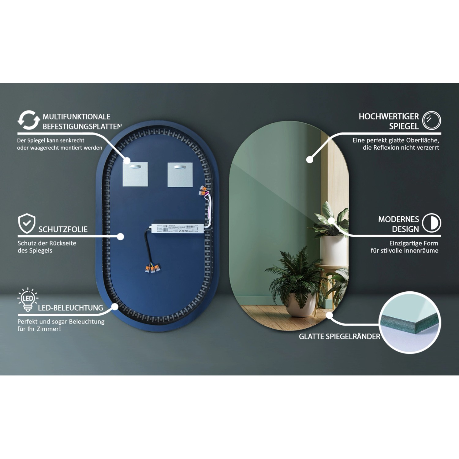 Tulup LED Spiegel LED Spiegel Oval Ohne Rahmen 58 cm x 100 cm LED Ovaler Spiegel Badezimmer Spiegel Wand Oval Beleuchtet Neutralweiß 4000K_2