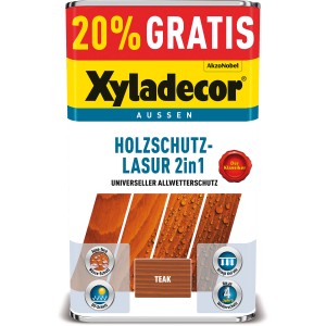 Xyladecor Holzschutz-Lasur 2in1 Teak, 4+1L Dose für langanhaltenden Wetterschutz.
