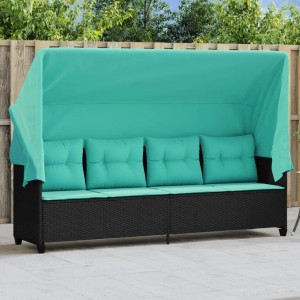 Schwarze vidaXL Sonnenliege mit türkisen Kissen und Dach aus Polyrattan.