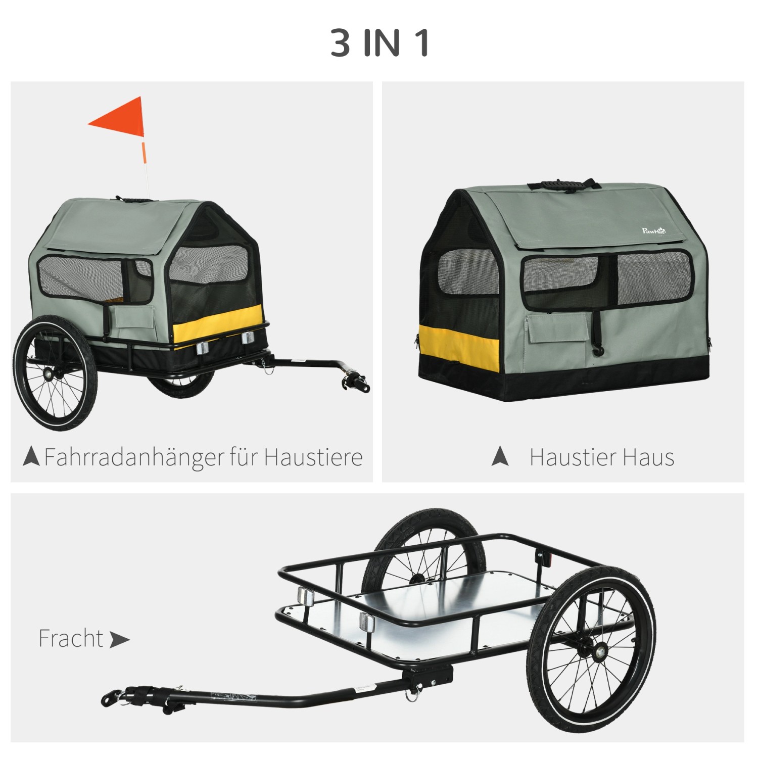 PawHut Hundeanhänger aus Oxfordstoff und Stahl, grau, als Fahrradanhänger und Hundehaus, 3-in-1 Design.