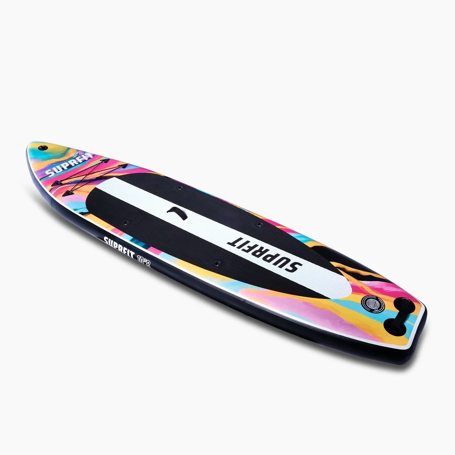 Suprfit SUP Board Aquarell, aufblasbar, mit buntem Batik-Design und schwarzem Anti-Rutsch-Deckpad. Ideal für Wassersport.