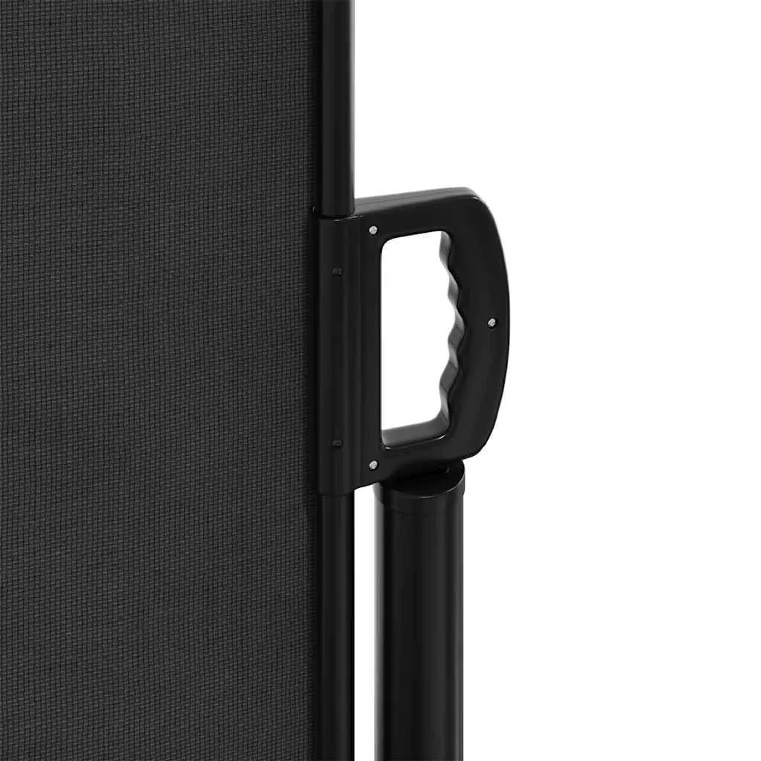 Detailaufnahme: Schwarze vidaXL Seitenmarkise, ausziehbar, mit Griff. Sichtschutz für Terrasse & Balkon.