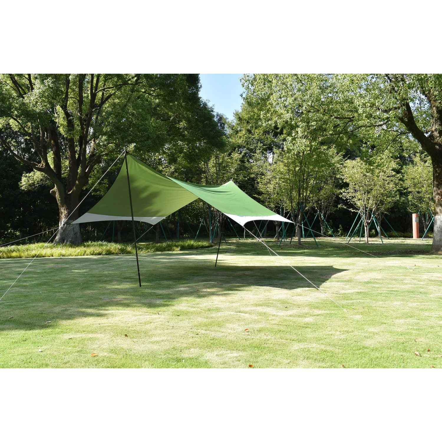 Leco Zeltplane 430x370 cm, grün-weiß, auf Rasen aufgebaut. Sonnensegel mit Tragetasche.