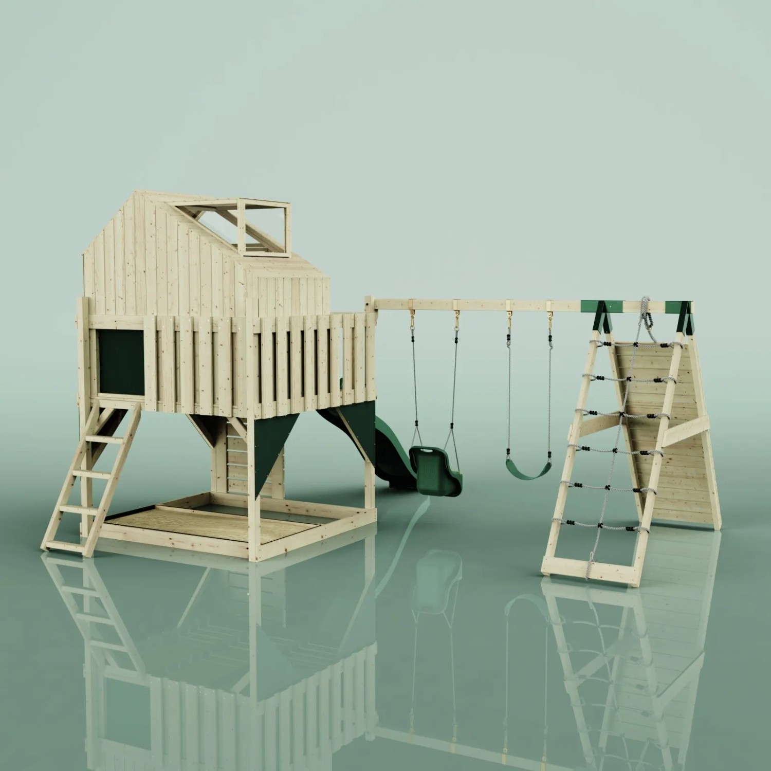 OutdoorToys Spielturm Oscar mit Babyschaukel, Rutsche, Kletterwand und Schaukel in Dunkelgrün.