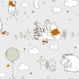 Papiertapete mit Winnie Pooh, Tigger, Ferkel und I-Aah Motiven in Grau und Orange.