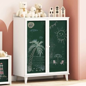 Weißer Kreidekasten mit Regal vidaXL, beschriftbare Türen mit Strandmotiven, ideal als Sideboard.