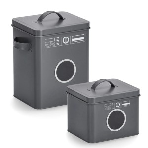 Zwei anthrazitfarbene Waschpulver-Boxen von Zeller Present aus Metall im Waschmaschinen-Design.