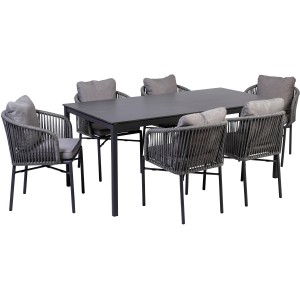 7-teiliges Greemotion Gartenmöbel-Set Calgary 2 mit Tisch und 6 Stapelstühlen in Anthrazit.