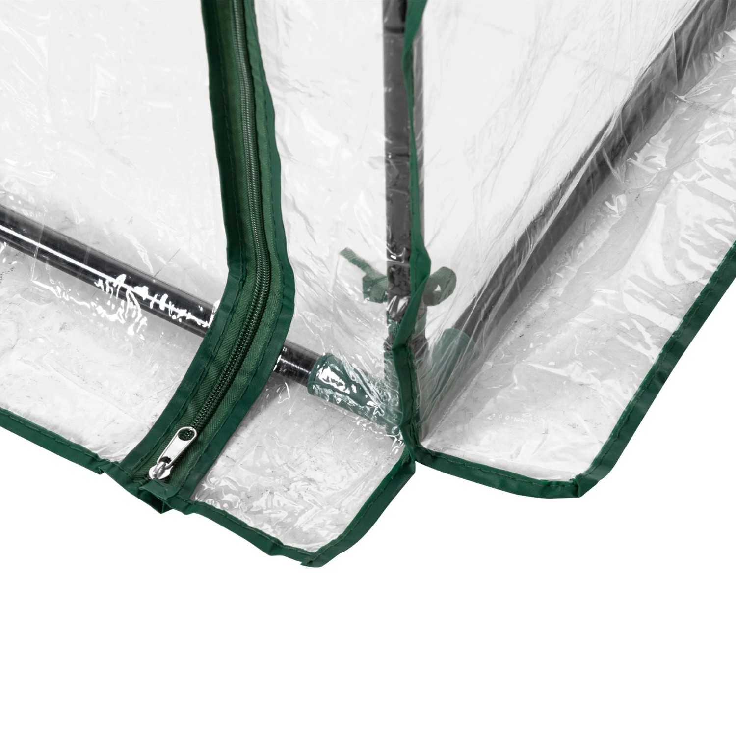 Detailaufnahme: Transparentes Furnicato Gewächshaus mit Stahlrahmen und Reißverschluss.