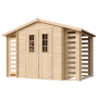 Timbela Holz-Gartenhaus mit Brennholzregal, beige-braun, 5,47 m² Nutzfläche.