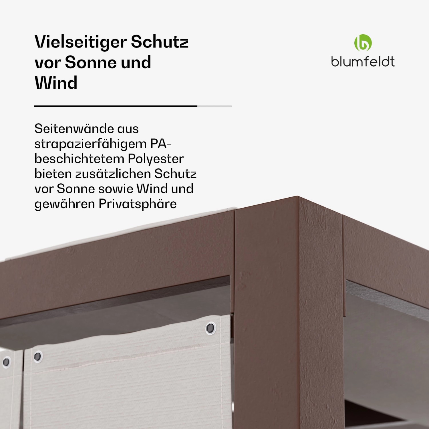 Detailansicht der Blumfeldt Shade Cove Pergola mit Seitenwand und pulverbeschichtetem Rahmen.