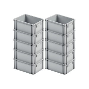 Zwei Stapel grauer Eurobehälter/Euroboxen (16 Liter) aus Kunststoff mit geschlossenem Griff.