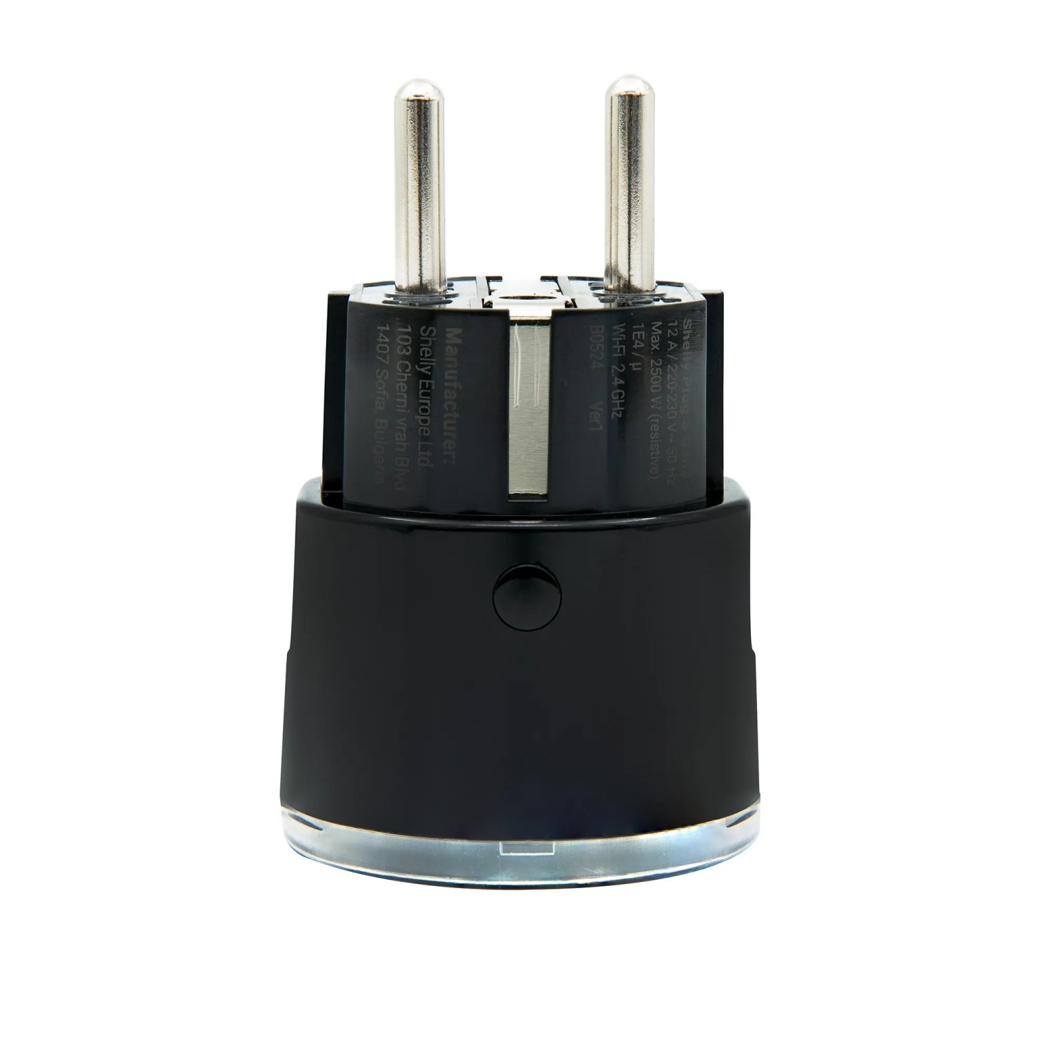 Schwarzer Shelly Smart-Stecker Plug S Gen3 für Hausautomation. Intelligente Steuerung für dein Zuhause.