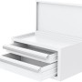 Weiße Mini Toolbox mit 2 Schubladen und Deckel, ideal zur Aufbewahrung von Kleinteilen.