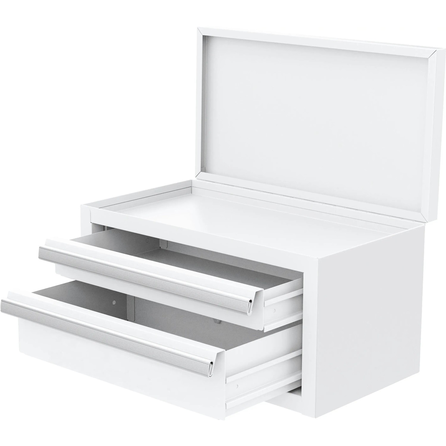Weiße Mini Toolbox mit 2 Schubladen und Deckel, ideal zur Aufbewahrung von Kleinteilen.