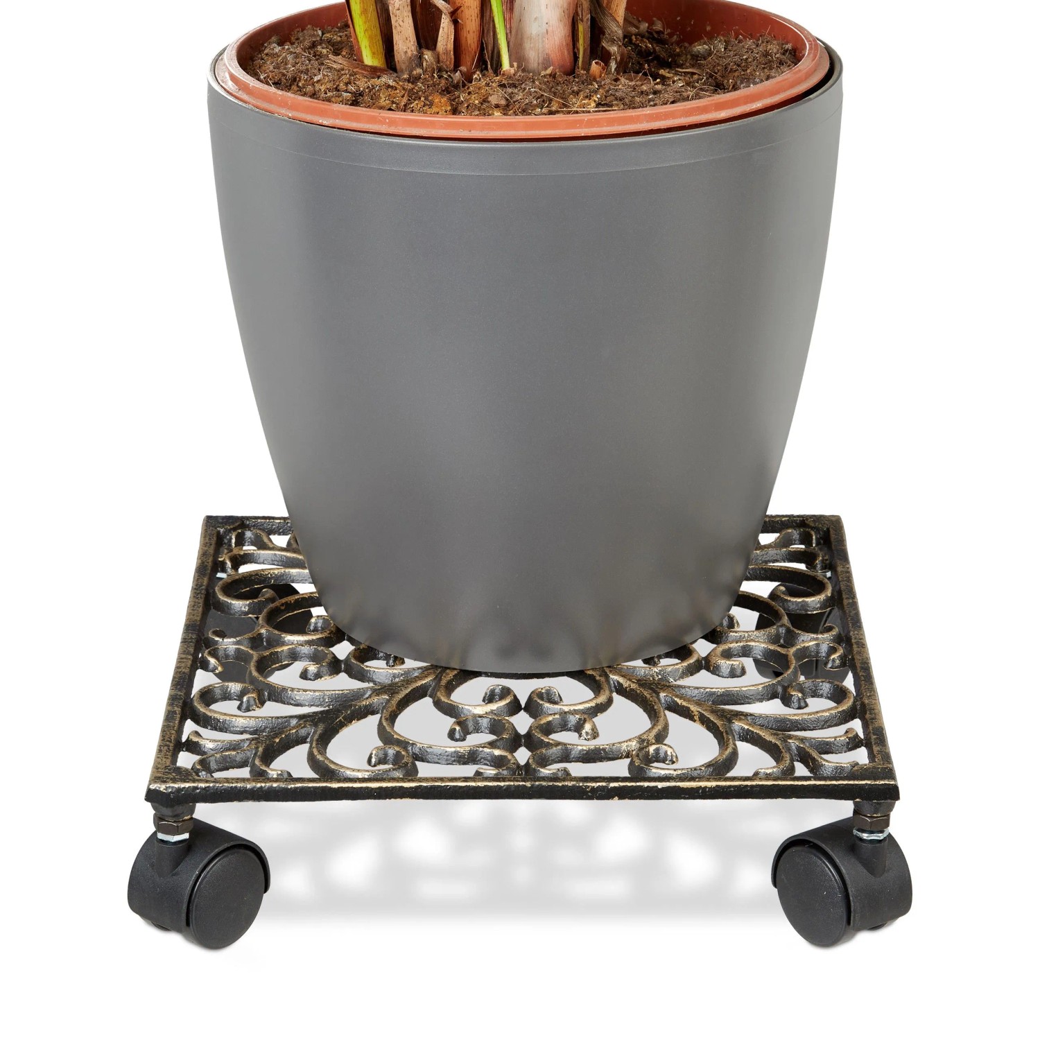 Relaxdays Pflanzenroller Gusseisen Bronze Quadratisch 7,5 cm x 27,5 cm x 27,5 cm 1,6 kg