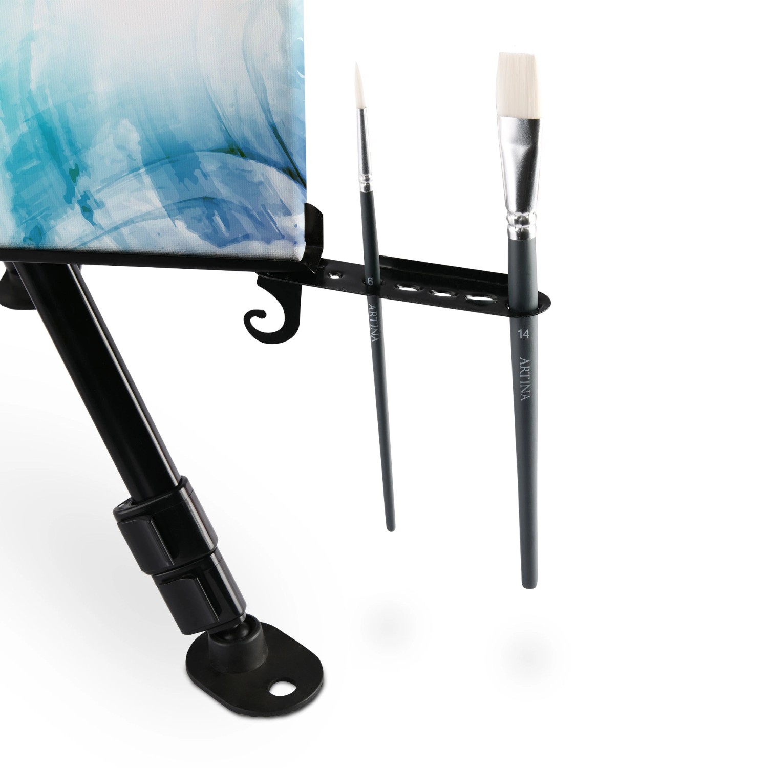 Detailansicht der Artina Paris Metall Staffelei mit Pinselhalter und zwei Pinseln.