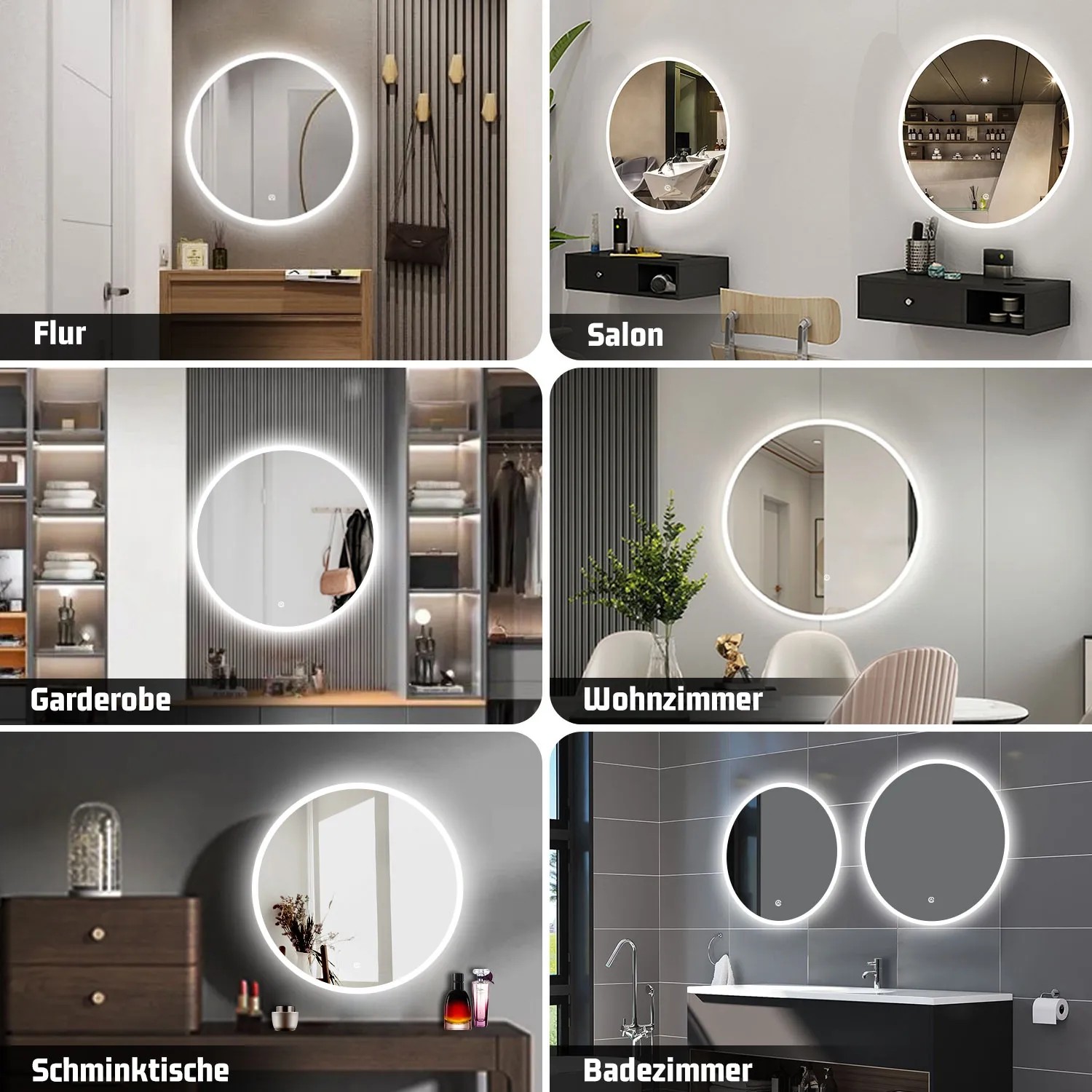 Aica Sanitär Badspiegel, rund, 70 cm, mit LED-Beleuchtung und Touch-Funktion in verschiedenen Umgebungen.