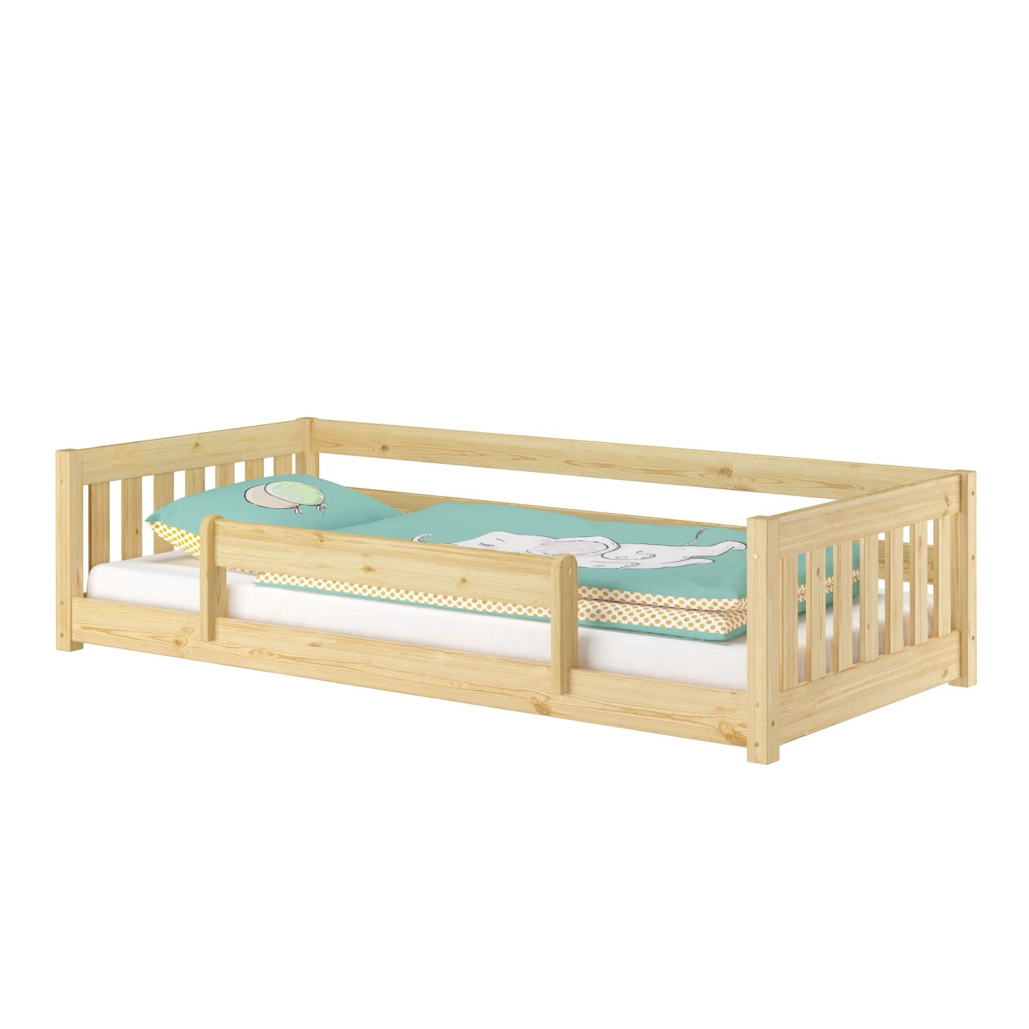 Erst-Holz Niederflurbett für Kinder mit Sicherung 90 x 200 cm Kiefer massiv Modell 28 mit Kindersicherung und Rollrost inkl.