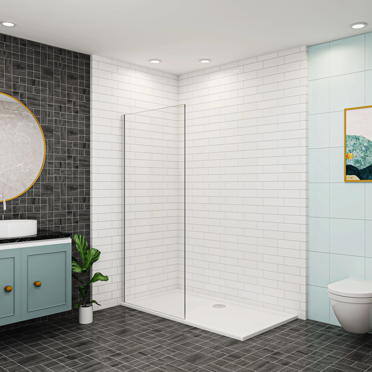 Begehbare AICA Dusche 70x200cm mit Duschwand aus Klarglas im modernen Badezimmer.