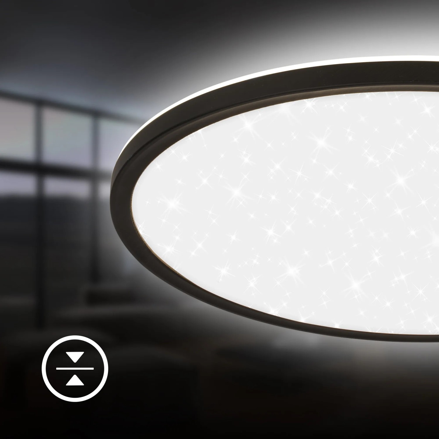Schwarzes Brilo LED-Panel Slim Sternenhimmel, neutralweiß, Ø 37,5 cm. Deckenleuchte mit Sterneneffekt.
