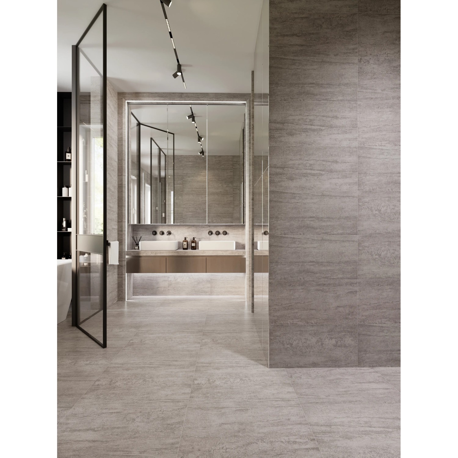 Badezimmer mit grauen Feng Feinsteinzeug Bodenfliesen (30x60).