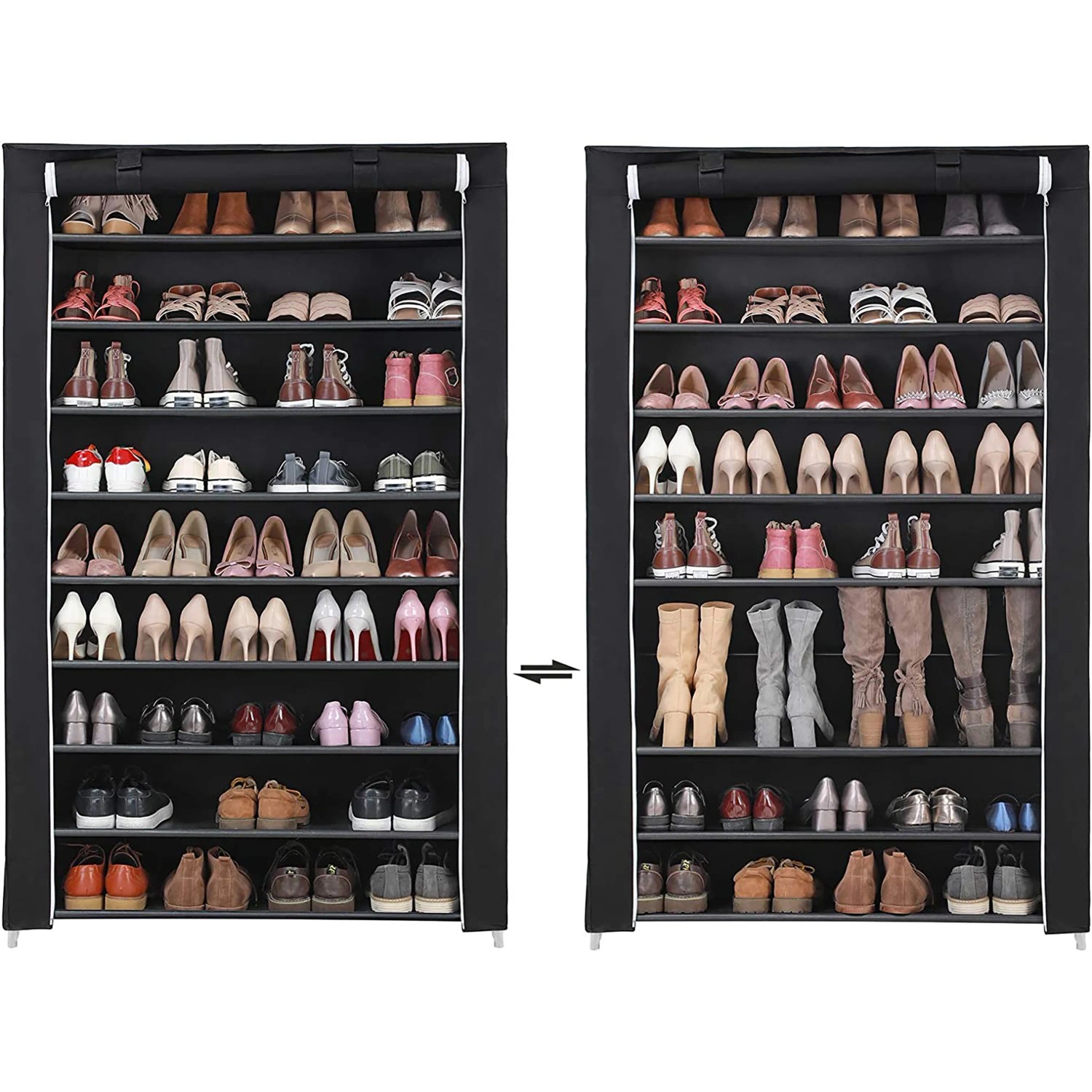 Schuhregal mit 10 Ebenen für ca. 54 Paar Schuhe, schwarz, mit Stofftür