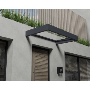 Modernes Palram Canopia Sophia Vordach 1.5 x 0.9 in Anthrazit mit klarer Acrylplatte.