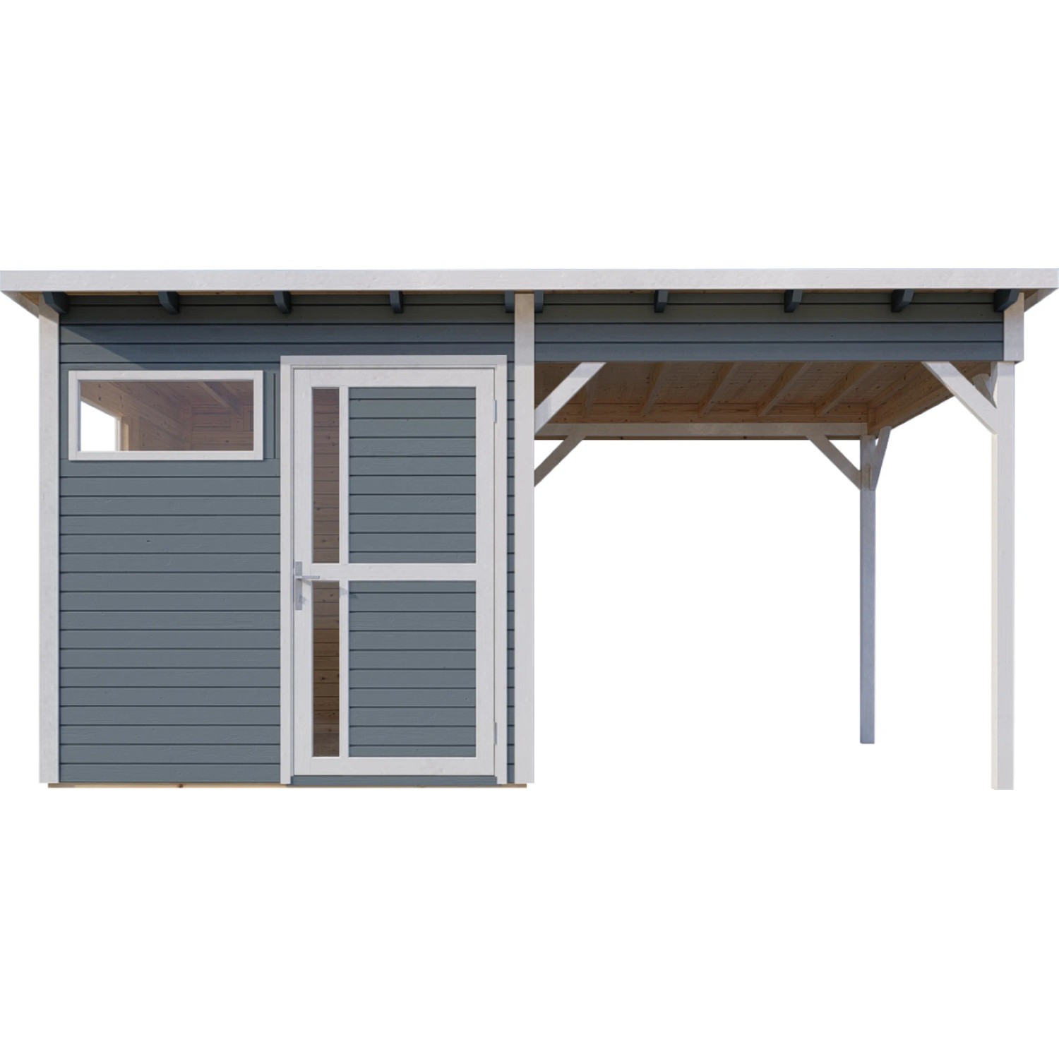 Graues Bertilo Gartenhaus Pentus 2 Lounge mit Anbau und überdachter Fläche.