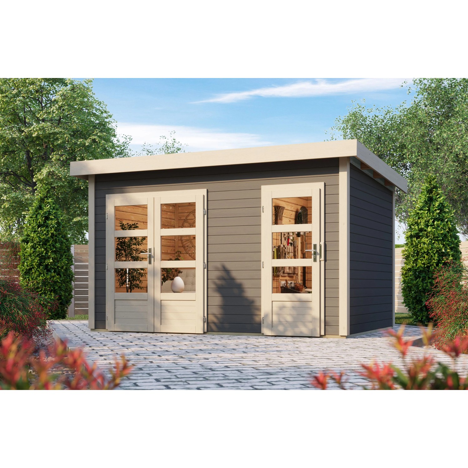 Karibu Holz-Gartenhaus Skanderbor Terragrau Flachdach Lackiert 360 cm x 240 günstig online kaufen