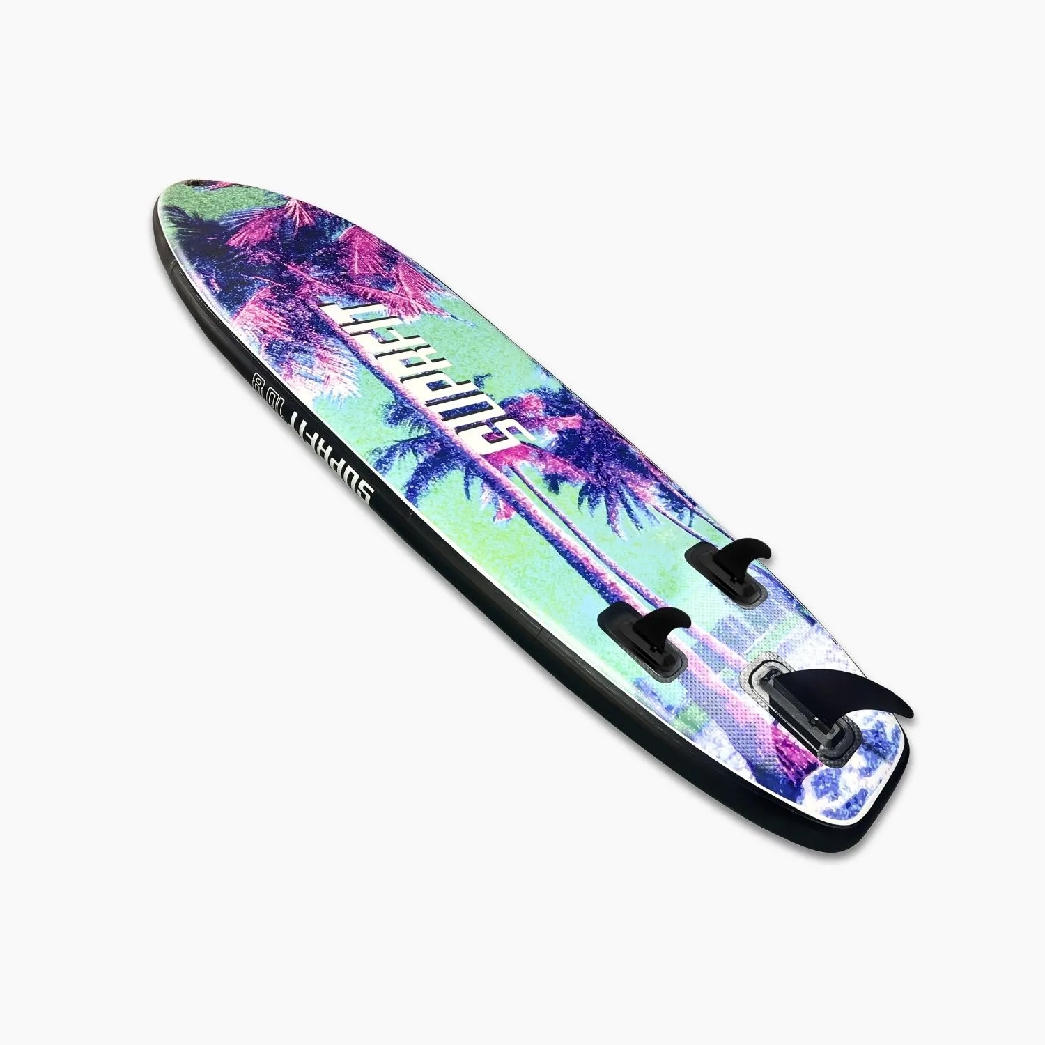 Suprfit SUP Board Sunset Vice mit tropischem Palmen-Design in Blau, Pink, Türkis. Aufblasbares Paddelboard für Wassersport.