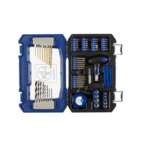 Offenes LUX Bohrer- und Bit-Set (66-teilig) in blau-schwarzer Aufbewahrungsbox mit Bohrern, Bits und Zubehör.