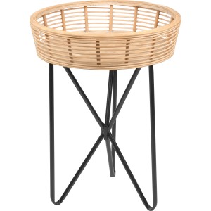 Runder Beistelltisch Minimalist Zen mit Bambus-Tablett und schwarzem Metallgestell.