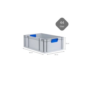 Graue PROREGAL Eurobox (40x60x22cm) mit blauen Griffen, verstärktem Boden und 44 Liter Volumen.