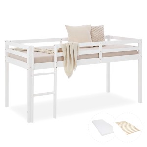 Weißes Homestyle4u Kinderbett 90x200 mit Lattenrost, Matratze und Leiter.