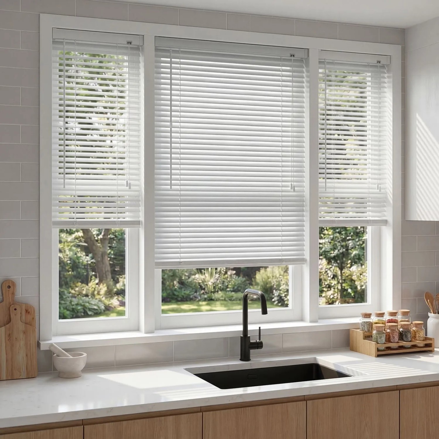Weiße Sekey Aluminium Jalousie (70x130 cm) am Fenster für Sicht- und Sonnenschutz.