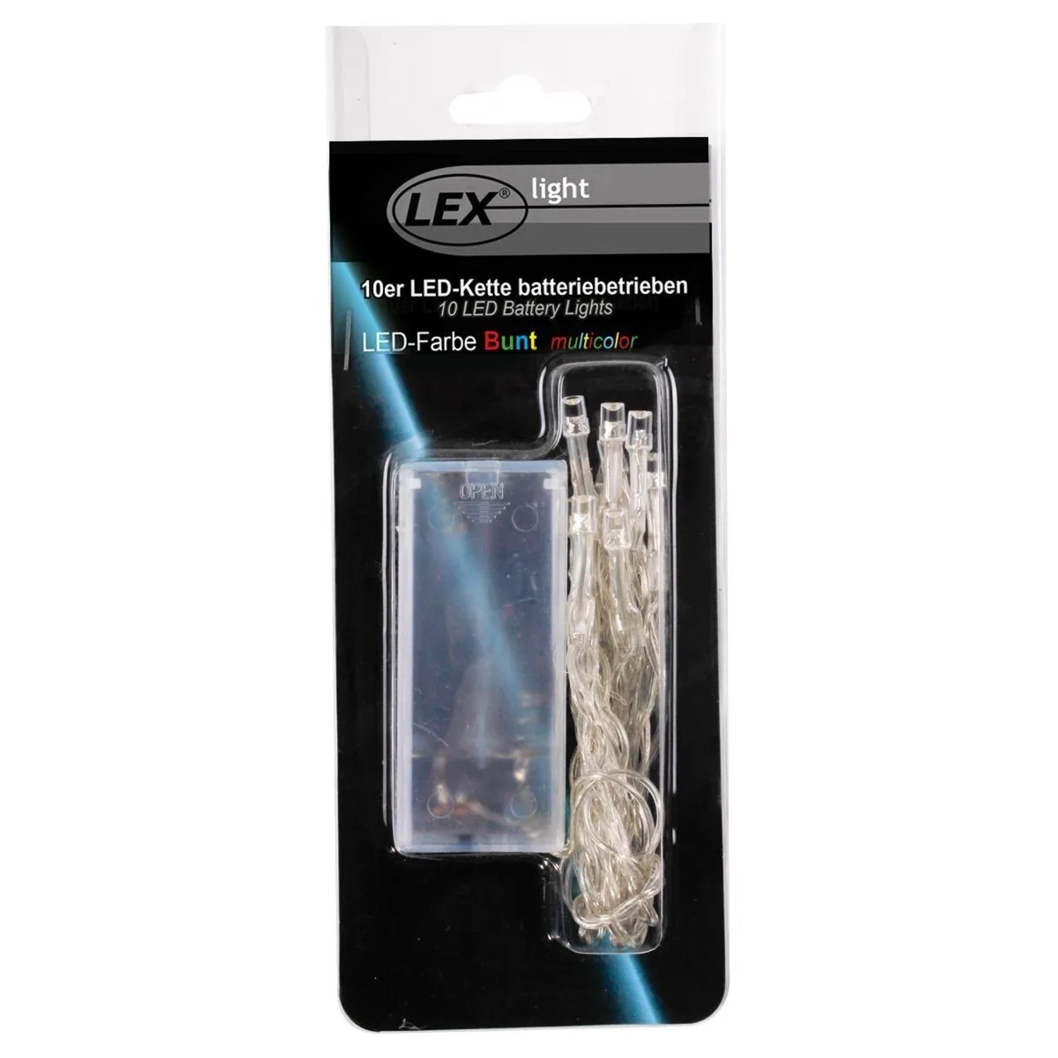 Lex 10er LED Batteriekette, bunt, in transparenter Blisterverpackung. 10 LEDs für Innenräume, Deko.