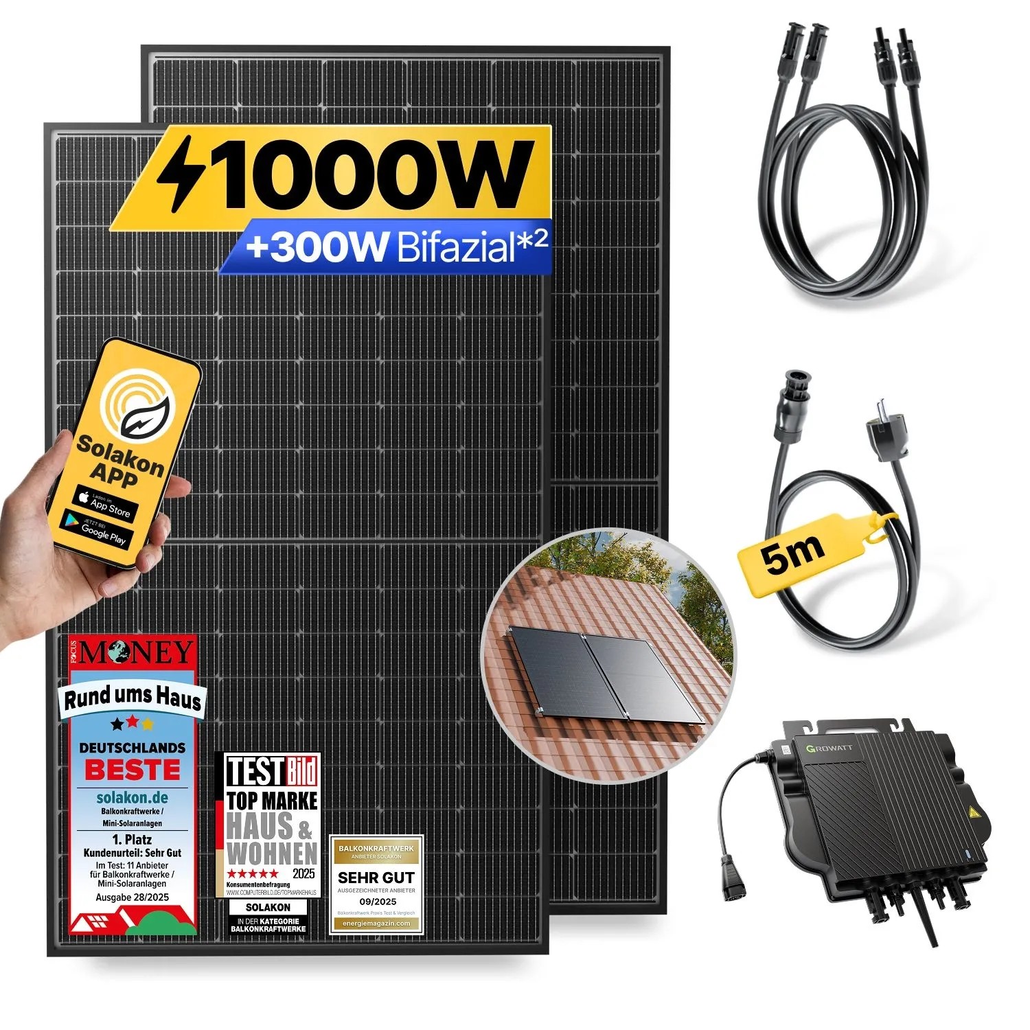 Solakon Balkonkraftwerk 1000W Solaranlage mit Ziegeldach Halterung Paarmontage Steckerfertig Komplettset Photovoltaik 800W Kabellänge 5m