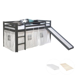 Homestyle4u Kinderhochbett 90x200 Grau mit Lattenrost Rutsche Matratze 2785