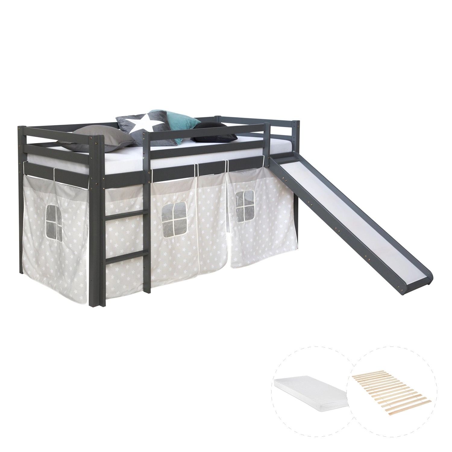 Homestyle4u Kinderhochbett 90x200 Grau mit Lattenrost Rutsche Matratze 2785 günstig online kaufen