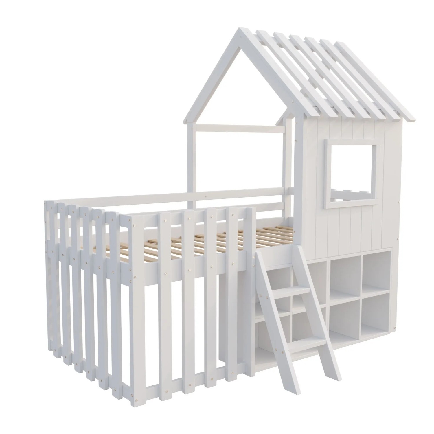 okwish Kinderbett 90x200cm mit Dach und Fenster Kinderzimmer Weiß ohne Matratze
