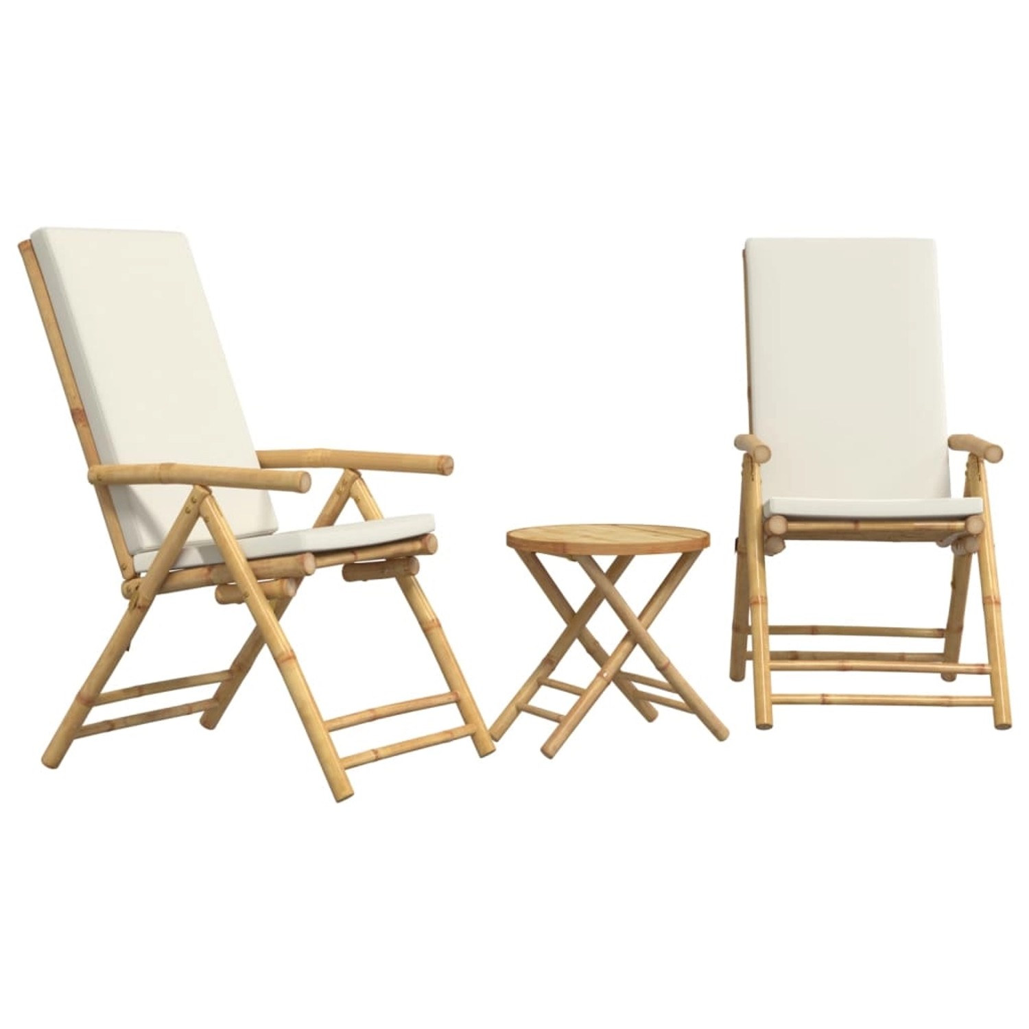 vidaXL 3-Tlg Bistro-Set Klappbar mit Cremeweißen Kissen Bambus 3208937