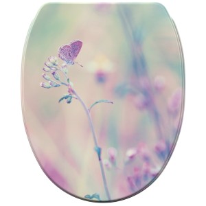 SANILO WC-Sitz Meadow mit Absenkautomatik und Schmetterling auf Blumenwiese.